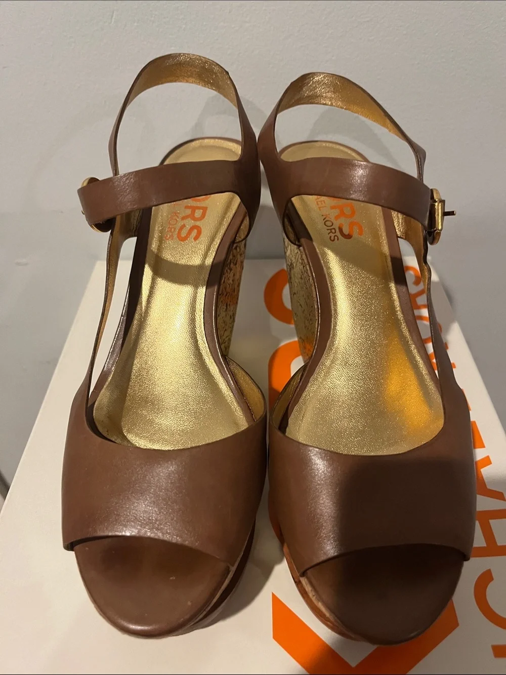 Michael Kors Brown Leather Platform Slingback Heels